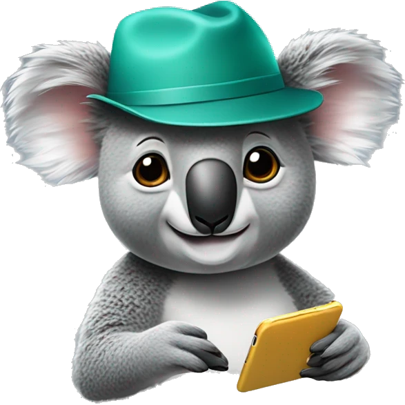 a koala whith a hat who send a message on his phone emoji