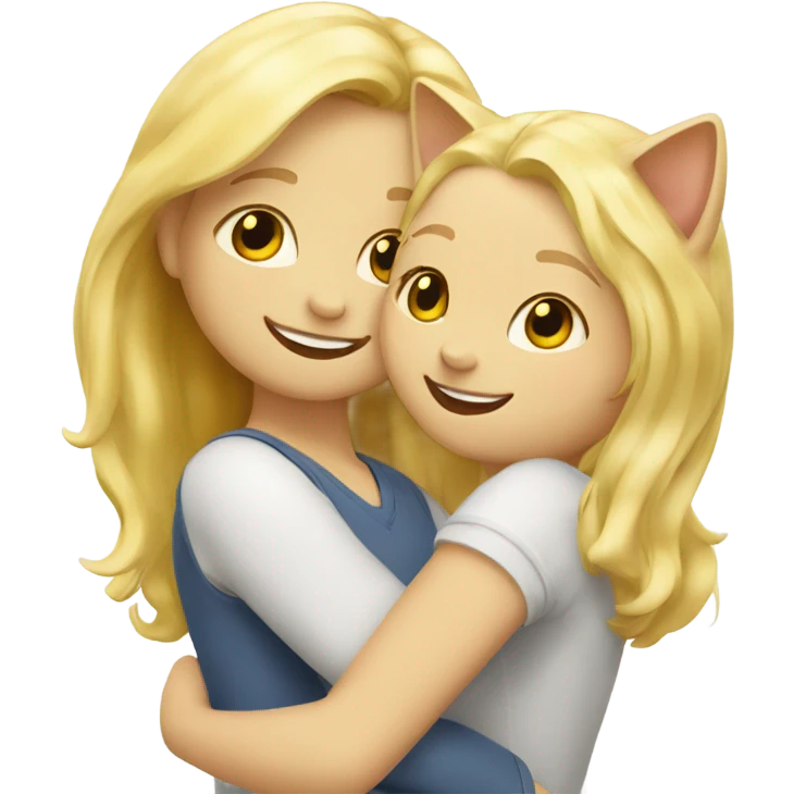 Blonde hair girl is huggin two cat which their color white and yellow and they are happy emoji