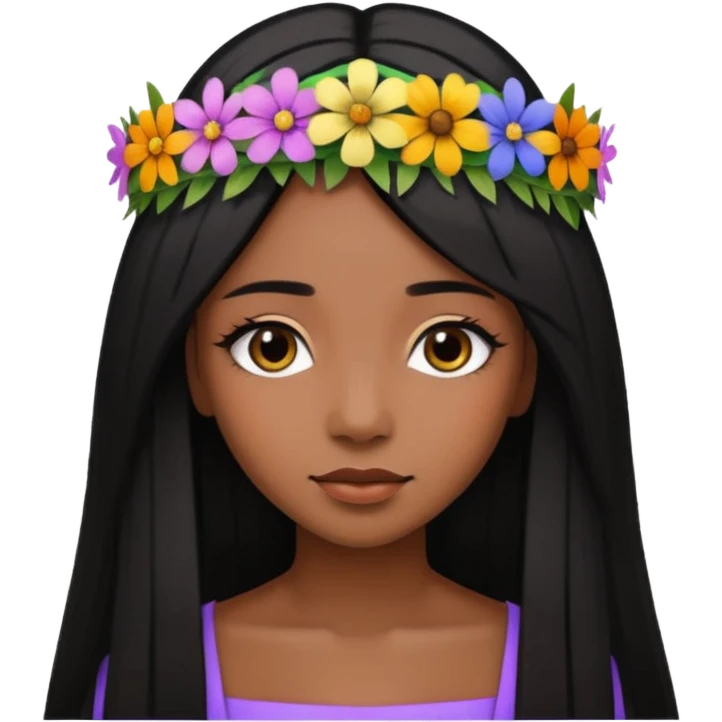 ["Deep brown skin female, long straight black hair, wearing a multicolored wildflower crown."] emoji