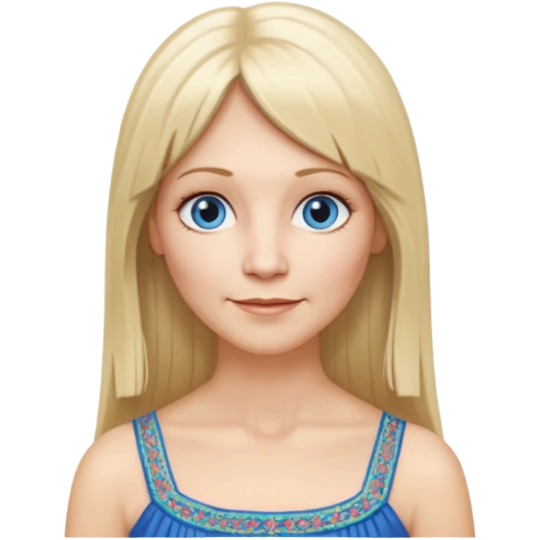 50 yr old white woman, hippie parted very long hair, short bangs, very long straight blond hair, oval face, small smile, blue eyes, thin face, hair downback, hair parted at center of head, round cheeks, pale, longer hair, white evening dress emoji