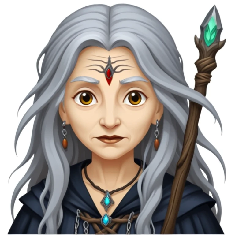 Baba Yaga sorceress woman with long wild hair, forest background emoji