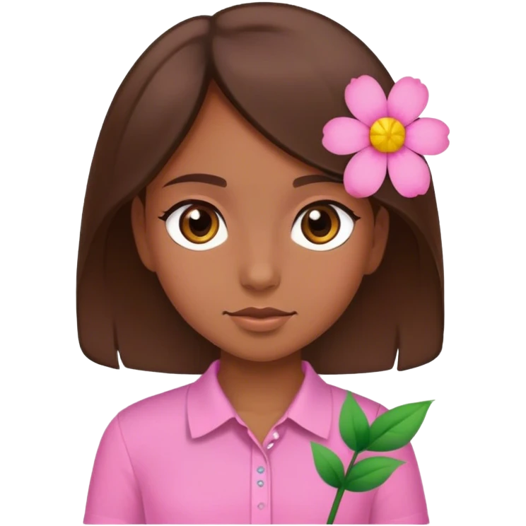Brown eyed and haired girl wearing a pink shirt with a flower emoji