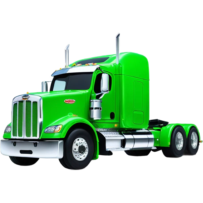 neon green peterbilt semi truck lowered on the ground with large chrome wheels and chrome smoke stacks profile view emoji