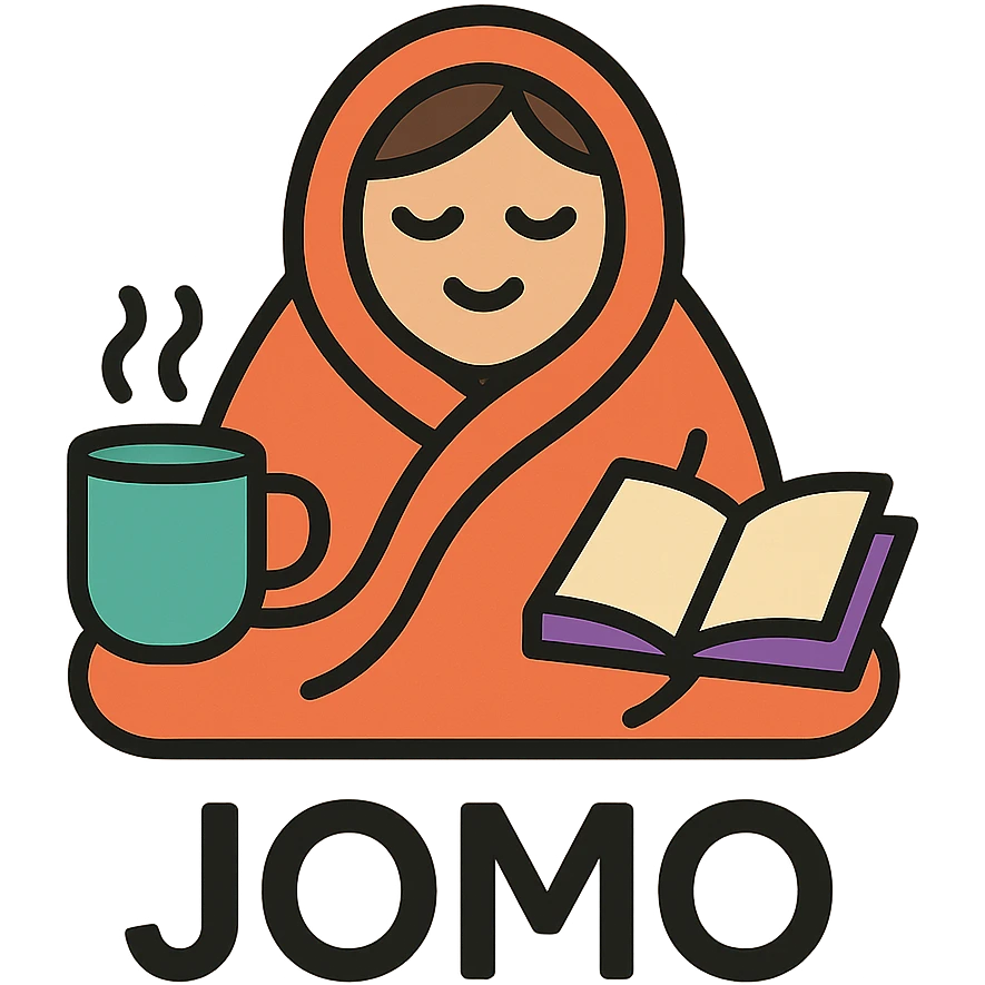 Slack emoji for JOMO, cozy person with blanket, tea, and book, acronym 'JOMO' visible, color outline icon style emoji