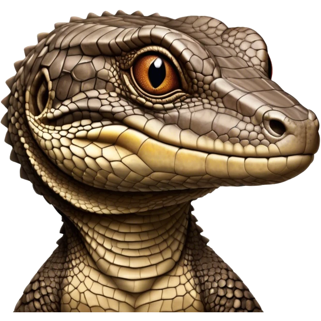 Cinematic Noble brown camo spotted monitor Lizard Portrait Emoji, Poised and regal, with a robust, scaled body exhibiting striking, mottled patterns and piercing, alert eyes, Simplified yet sharp and sophisticated features, highly detailed, glowing with a soft, earthy glow, high shine, intelligent and formidable, stylized with an air of ancient wilderness, focused and commanding, soft glowing outline, capturing the essence of a watchful and confident reptilian guardian that appears ready to stride out of the screen with effortless authority! emoji