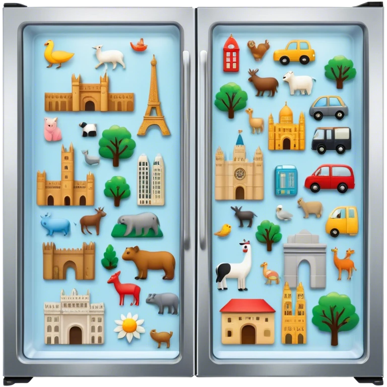 Icon for Magnet Collecting: a close-up of a fridge door covered with a variety of magnets, featuring cities, animals, symbols. The icon should highlight the diversity and charm of magnet collections. Transparent background. emoji