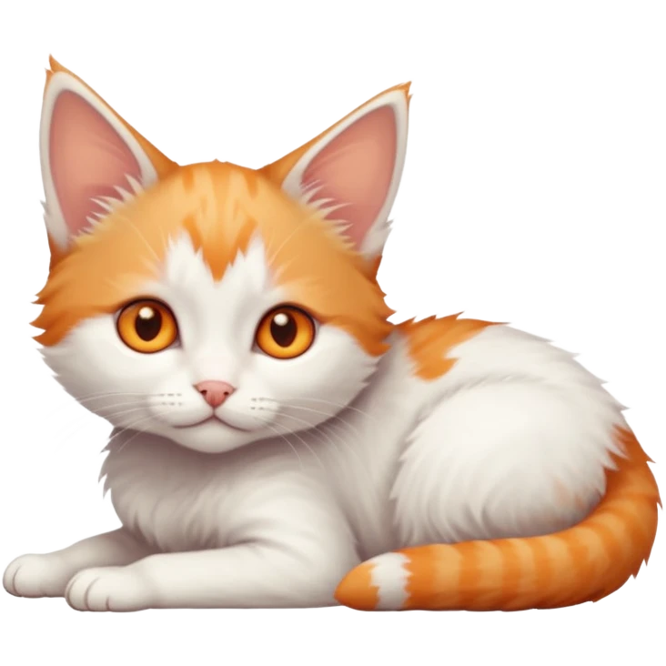 full body of very small + skinny ginger and white kitten with deep orange eyes and triangular shaped face lying down emoji