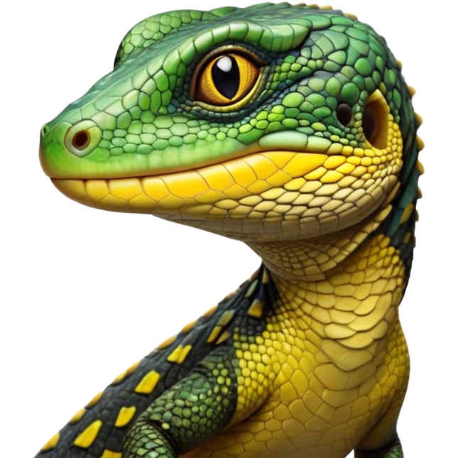 cinematic-realistic-cute-monitor-lizard-portrait-emoji,-head-tilted-playfully-and-inquisitively,-featuring-a-compact,-agile-body-with-finely-detailed,-glossy-scales-in-earthy-black and yellow-hues-and-a-distinct,-alert-face-with-bright,-curious-eyes, black , yellow spotted and green band  scales and a slender neck emoji