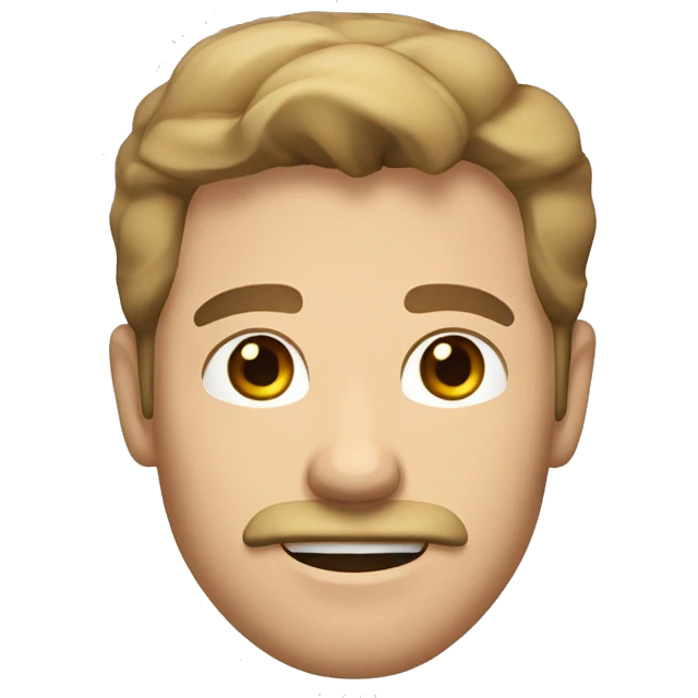 A caucasian guy with a chizeled jaw line and a 70-30 light brown hair part and stubble beard with moustache emoji