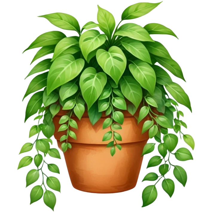 A vibrant hanging plant in a terracotta pot, painted in soft watercolor strokes with detailed leaves cascading down. emoji