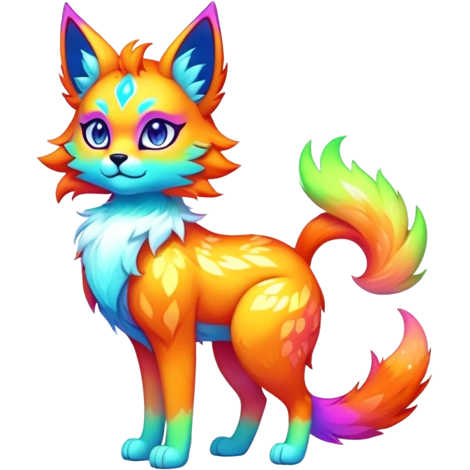 Vibrant multicolored neon-colored Falvie-Fionbri-creature-sparkle-feline-canine-hybrid-fursona, full body emoji