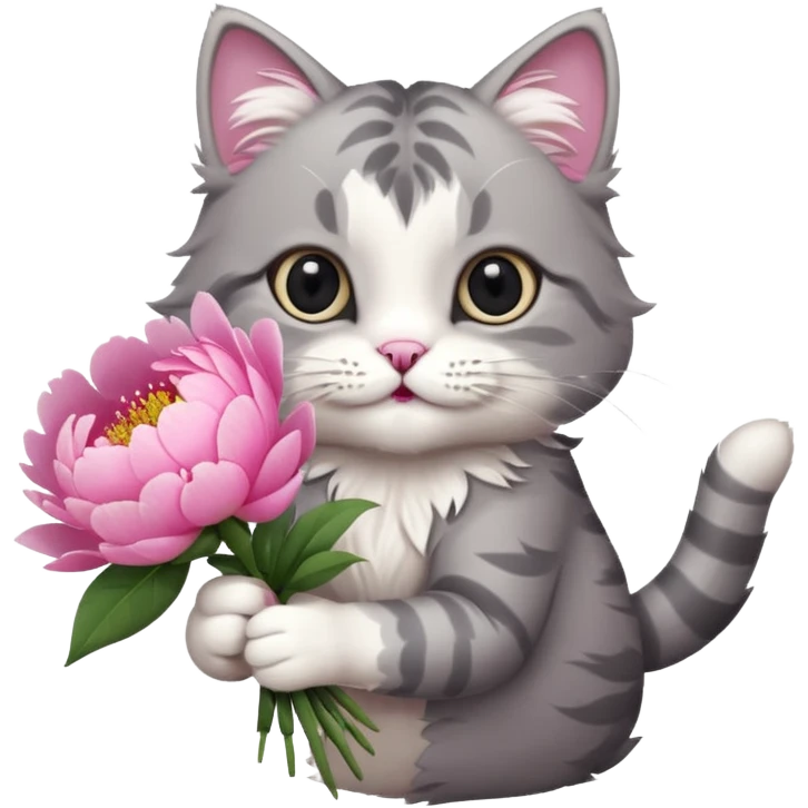 Cute cat Handing pink peonies like reaching a hand and handing them out a bouquet of them not a physical hand the cats hand  make the cat fluffy and grey and white fluffier fluffier  emoji