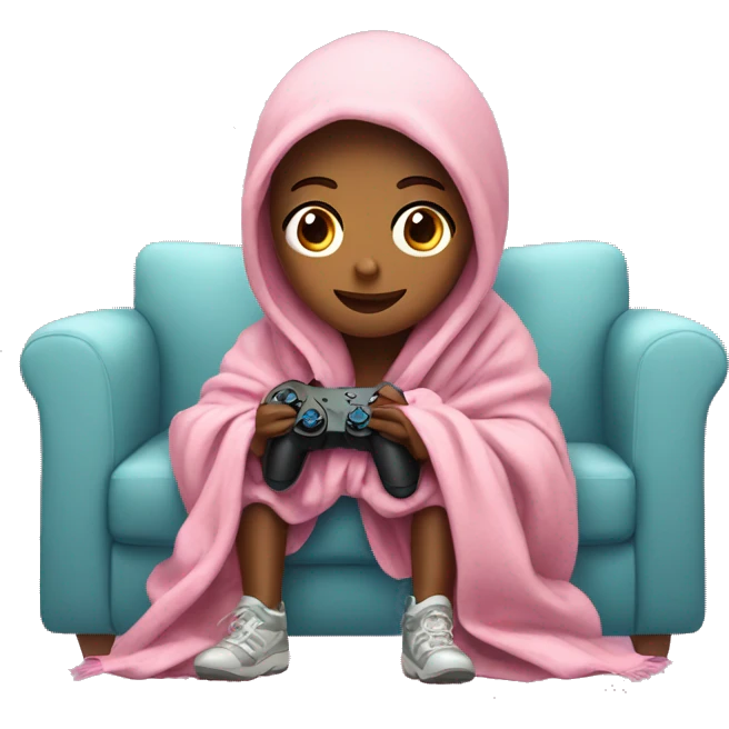 Girl wrapped up in a blanket sitting on a couch with a pink gaming controller in her hands emoji