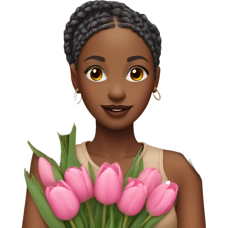 African girl with box braids holding pink tulips emoji
