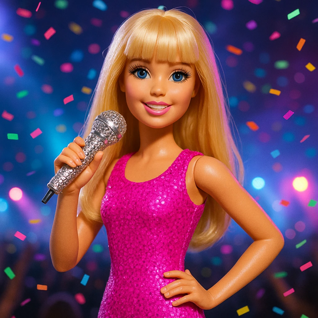 Pretty and girly Blonde pop star with bangs, holding a bedazzled microphone, reimagined as a Barbie doll, with a nighttime concert backdrop with colorful confetti emoji