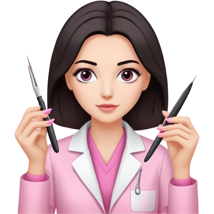 Mulher branca de cabelos pretos na altura dos ombros, vestindo jaleco rosa e segurando uma pinça de extensão de cílios emoji