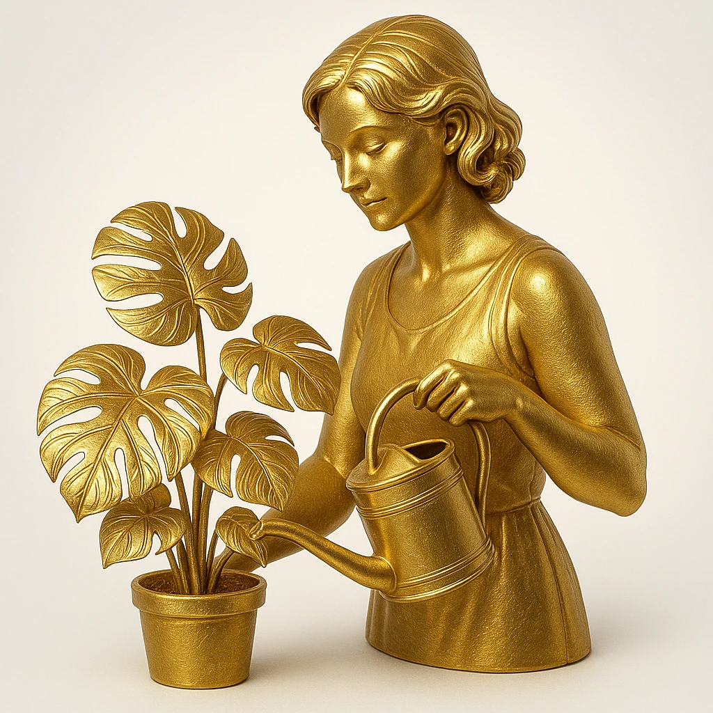 woman watering her monstera plant emoji
