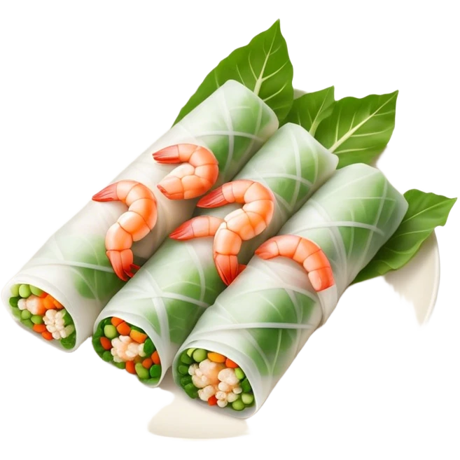 Cinematic Realistic Vietnamese Summer Rolls Dish Emoji, depicted with delicate rice paper wraps filled with fresh vegetables and shrimp rendered with crisp textures and refreshing lighting. emoji