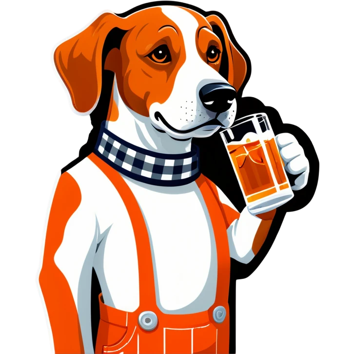 Hound dog in tangerine and white checkered overalls drinking whiskey emoji