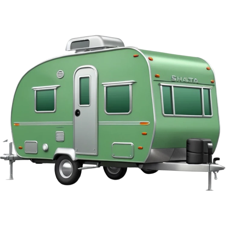 Shasta travel trailer, colored all green, the same green shade as movie trailer green preview card, grey tires and grey hitch emoji