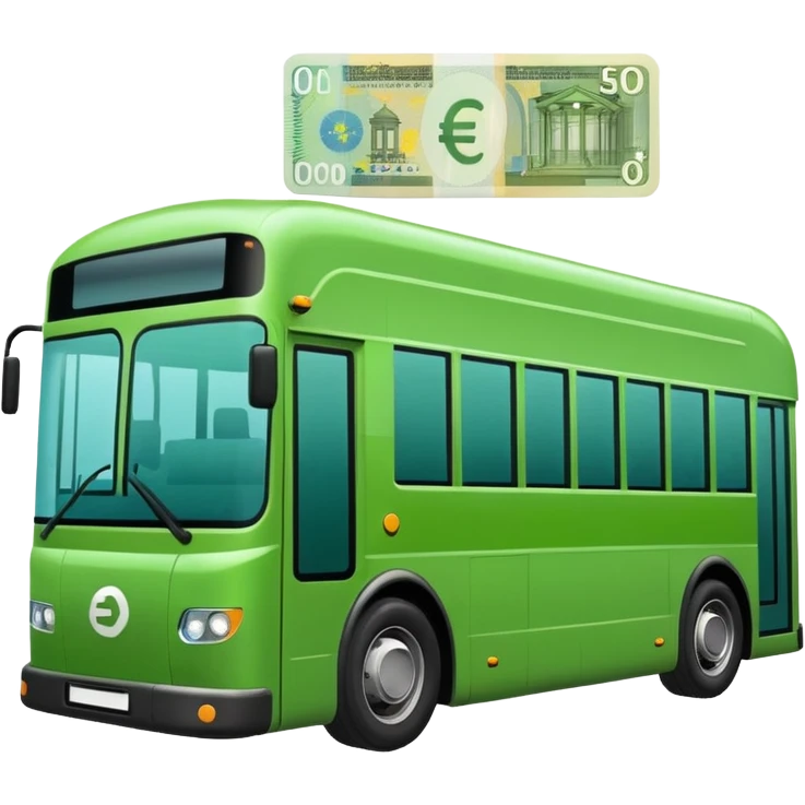 green electric bus with a big green euro bill showing a '0' emoji