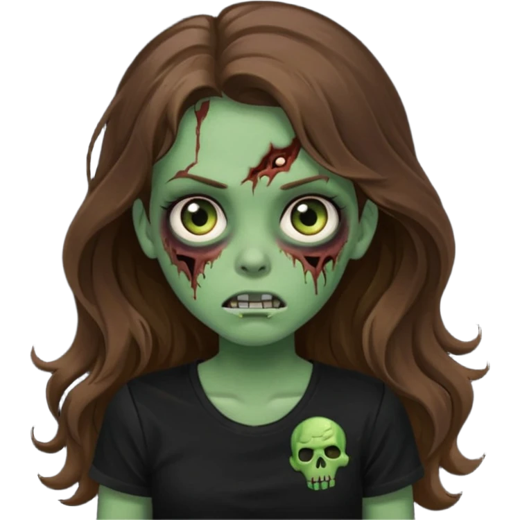 crie uma garotazoombie cabelo ondulado 2c longo castanho castanho comprido e blusa básica preta sem nada com pele esverdeada com rosto fofo emoji