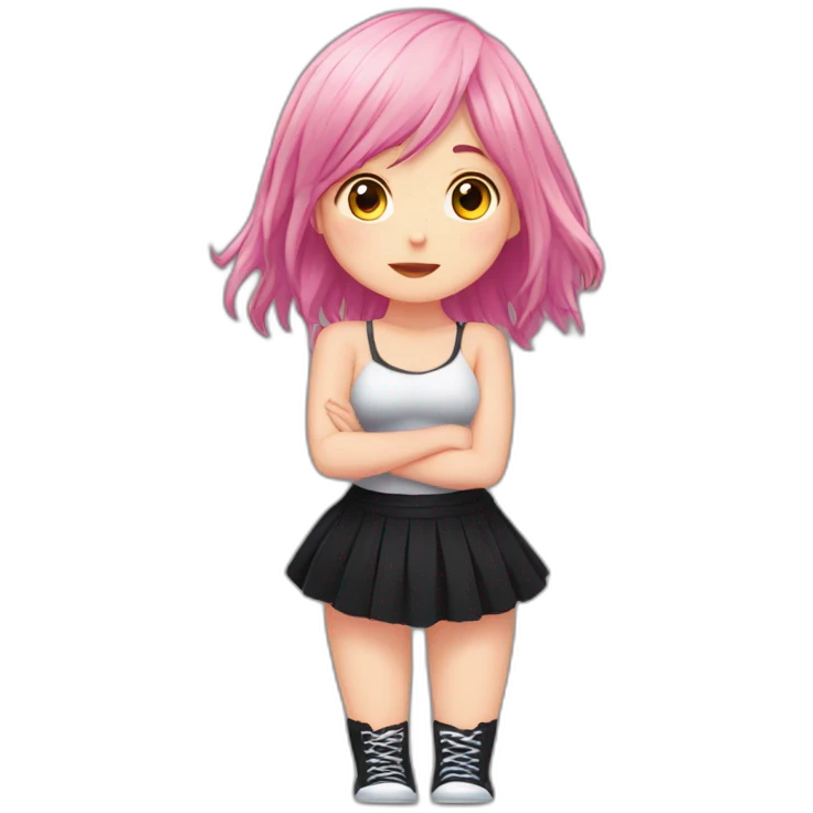 Full body Front view curvy emo girl pink hair sits on the floor straight view hands up black skirt полосатые рваные чулки emoji