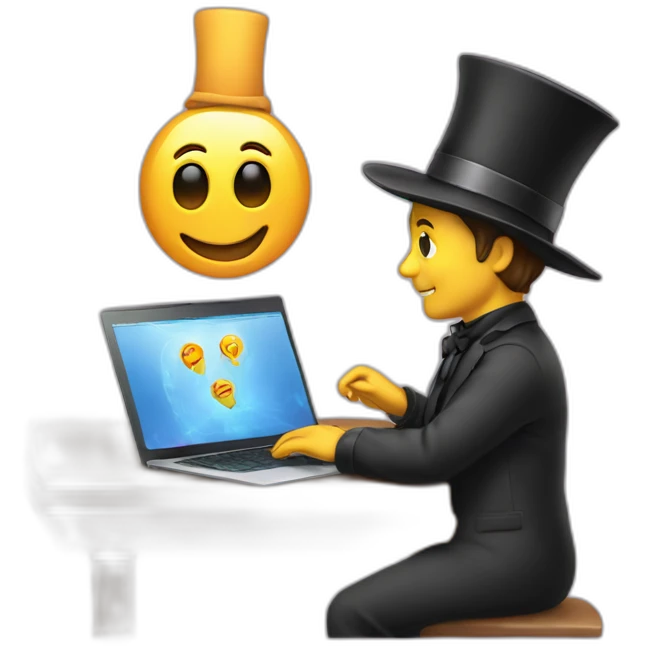 magician programming a laptop with an emoji of a truck on the laptop screen emoji