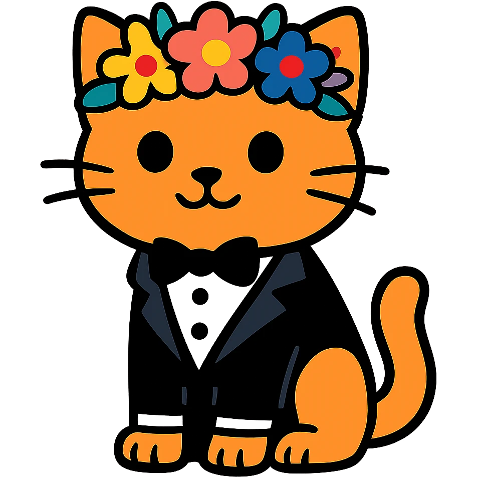 A kitten in a tuxedo with a flower crown emoji