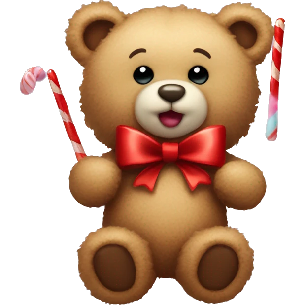 Fluffy Teddy bear with a red bow around neck and long peppermint stick candy in hand  emoji