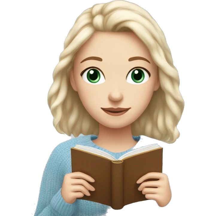 Pretty hazel eyed white girl with light blue sweater reading cozy emoji