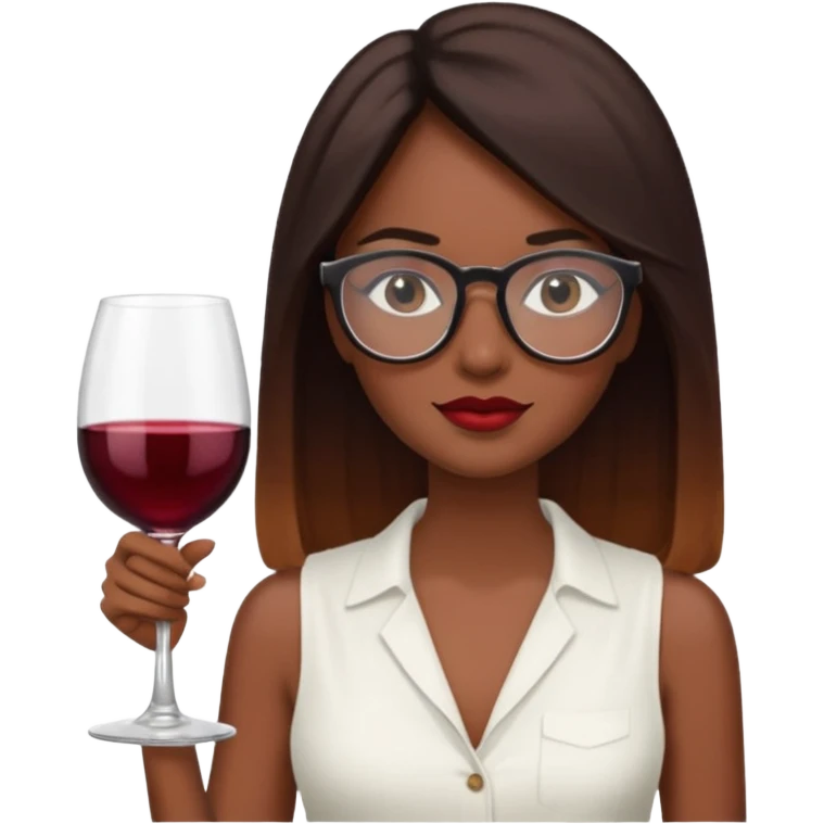 a woman with dark skin.
She has long, straight brown hair. with wine ombré hair 
He wears black-framed glasses. vintage oval.
She wears a white sleeveless blouse. emoji