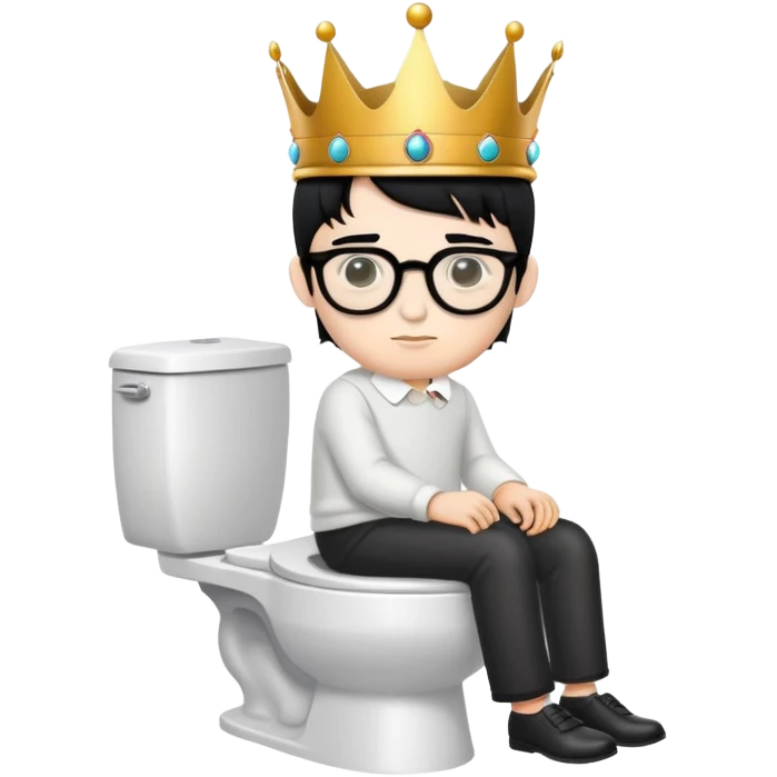 King with crown sitting on a toilet, wearing round glasses and black hair emoji