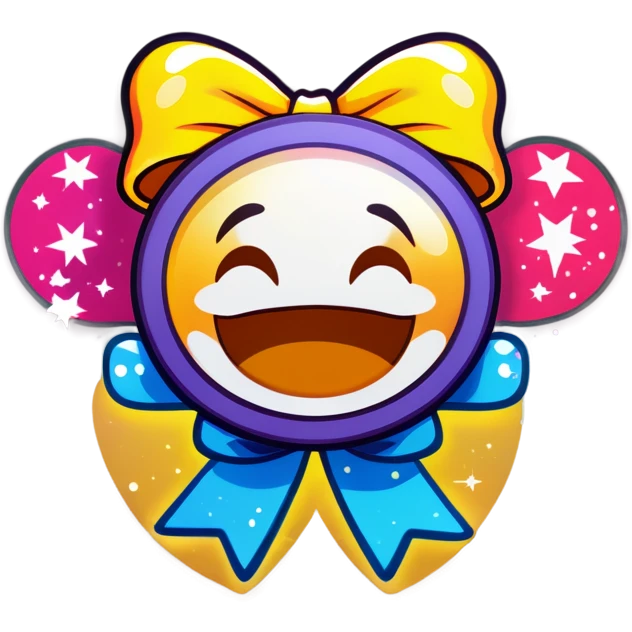 Smiling emoji with bow on top with sparkles around emoji