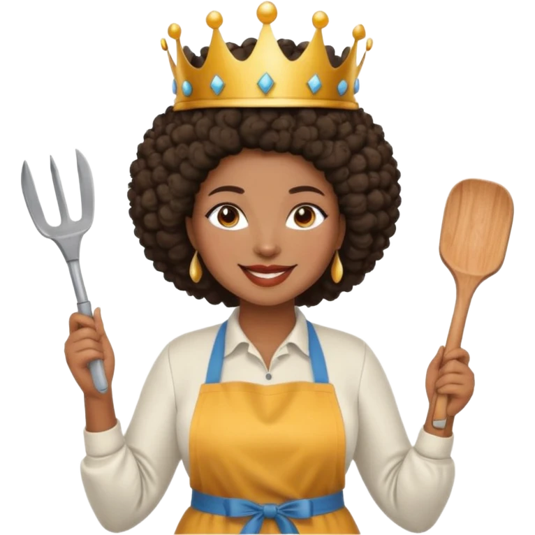 Mujer curvy afro, con vestimenta cómoda y delantal,con una corona sobre su cabeza y sonrisa contagiosa y herramientas  emoji