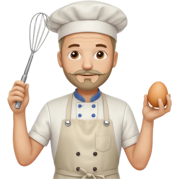 Middle aged male pastry chef - with a small beard, apron, white hat, holding an egg beater in one hand and naturally drooping in the other hand emoji