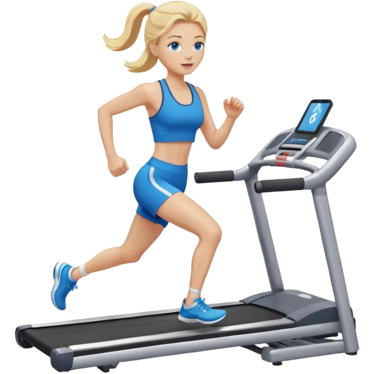 Une femme blonde yeux bleus qui cours sur un tapis de course emoji