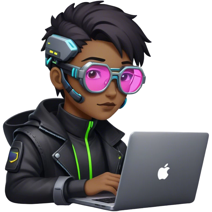 An emoji of a person with a laptop, but wearing cyberpunk glasses and with a slight neon glow emoji