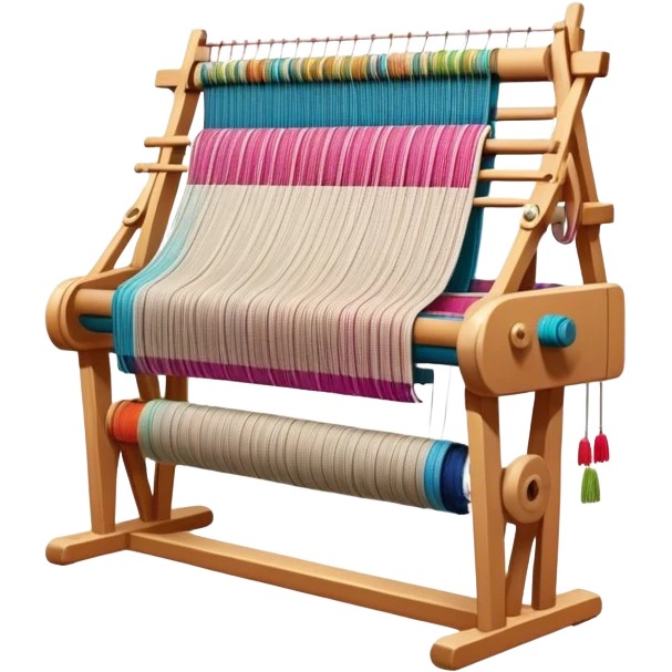 Create an icon that represents the hobby of weaving. The design should include a loom, threads, and a partially woven fabric, along with a piece of colorful fabric and sewing patterns. Include a representation of finished clothing, like a simple shirt or dress, made from the woven fabric. The composition should feel balanced and harmonious, reflecting the creative and intricate process of weaving and sewing. The background should be transparent. emoji