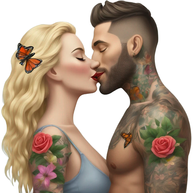 Hyper Realistic beautiful woman being kissed by a handsome tattooed man holding flowers with butterflies  emoji