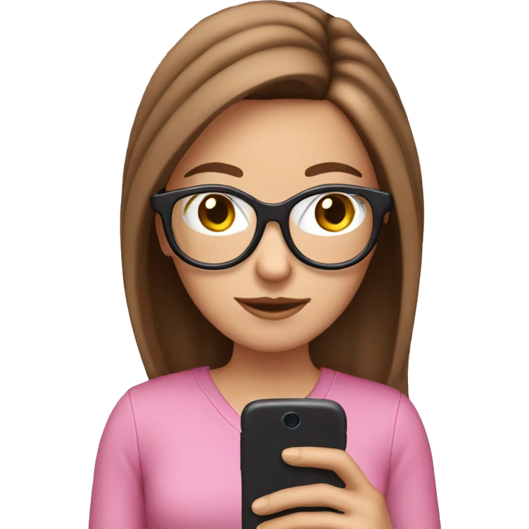 White girl with glasses and brown hair reading on a pink smart phone emoji