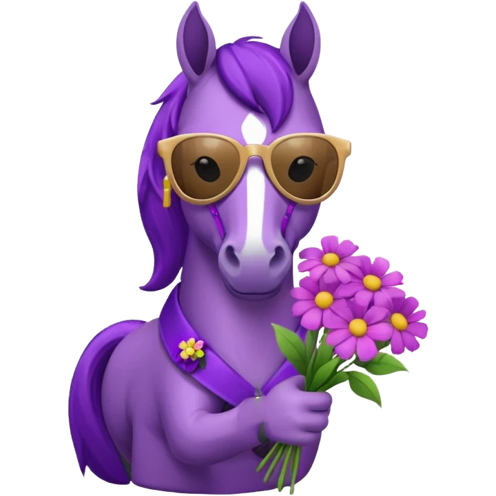 Purple horse wearing sunglasses and holding flower bouquet
 emoji