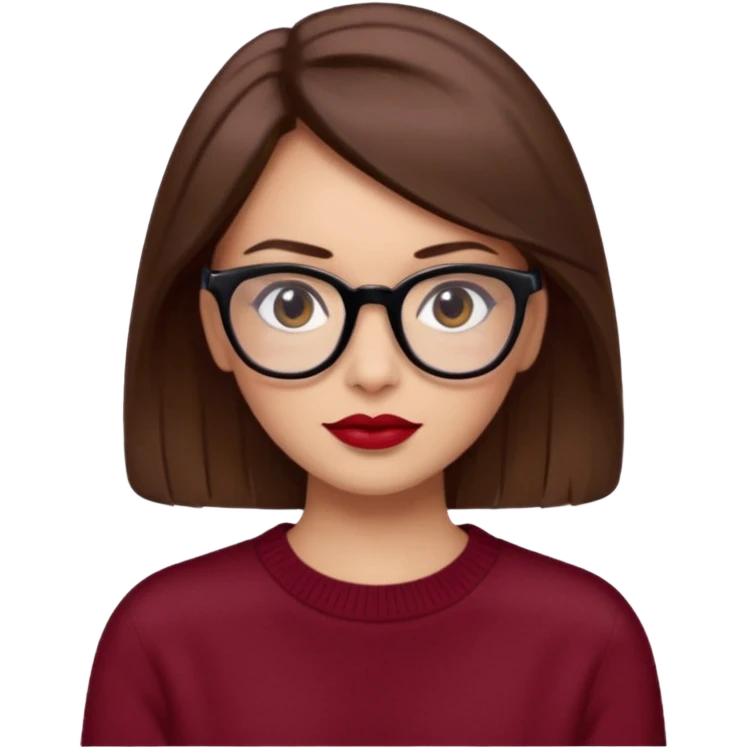 părul carre, șaten, ochii căprui, buzele roșii, ochelarii cu ramă neagră și pulover bordo emoji