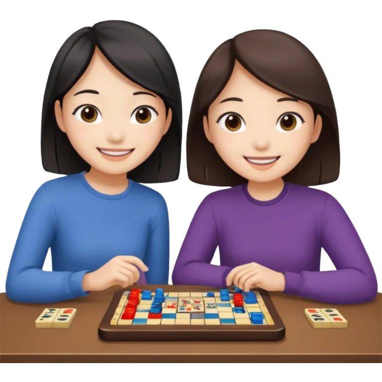smiling asian girl and friend at a table with a boardgame emoji