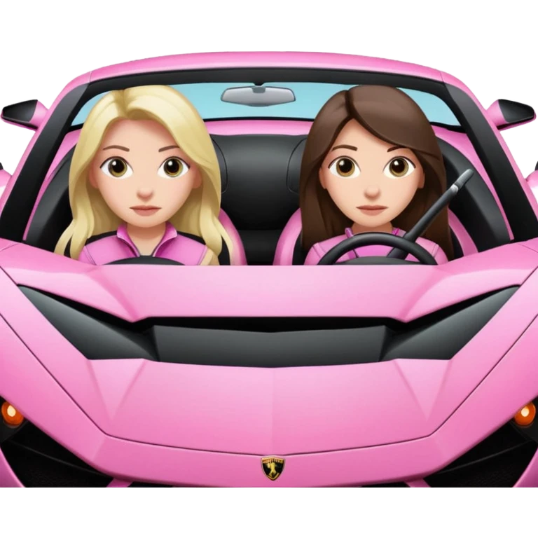 Make car far away so I can see full car Car facing forward in sports car. Make hair long  two girls in car far away Front of car sitting in the seats. Make it a pink sports car. They are two baddies make it a Lamborghini pink car  emoji