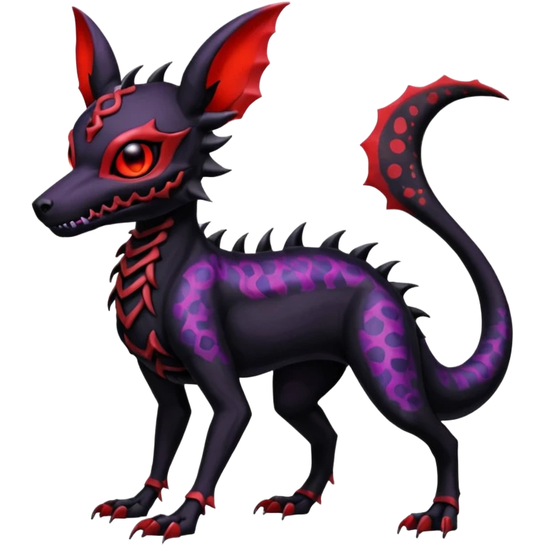 Gothic Black red purple Scaley Exotic Salandit-Umbreon-Noibat-Houndoom-Fakémon-hybrid-creature (full body), 4 legs, skull face mask emoji
