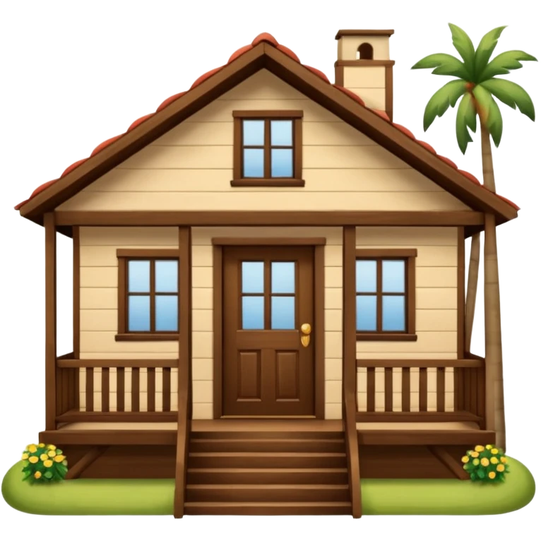 A wooden house typical of Puerto Rican rural neighborhoods, with a simple and cozy design featuring a central functional door, two symmetrical windows, a front porch with open railings, and space for a rocking chair. Emoji style, brown and wooden. emoji