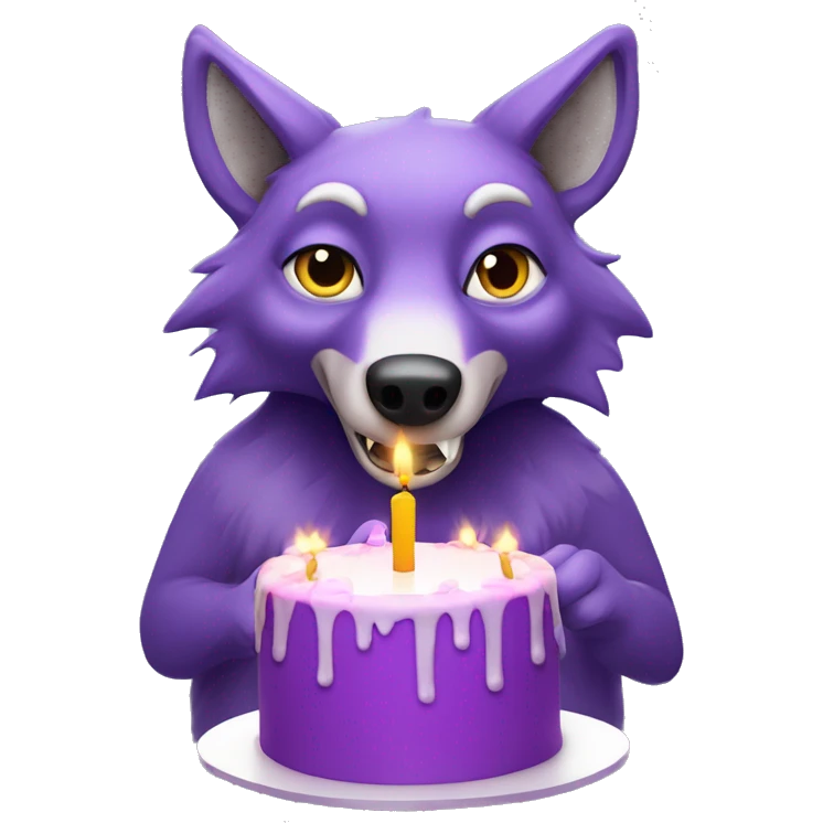 Purple, anthropomorphic wolf blowing out birthday candles emoji