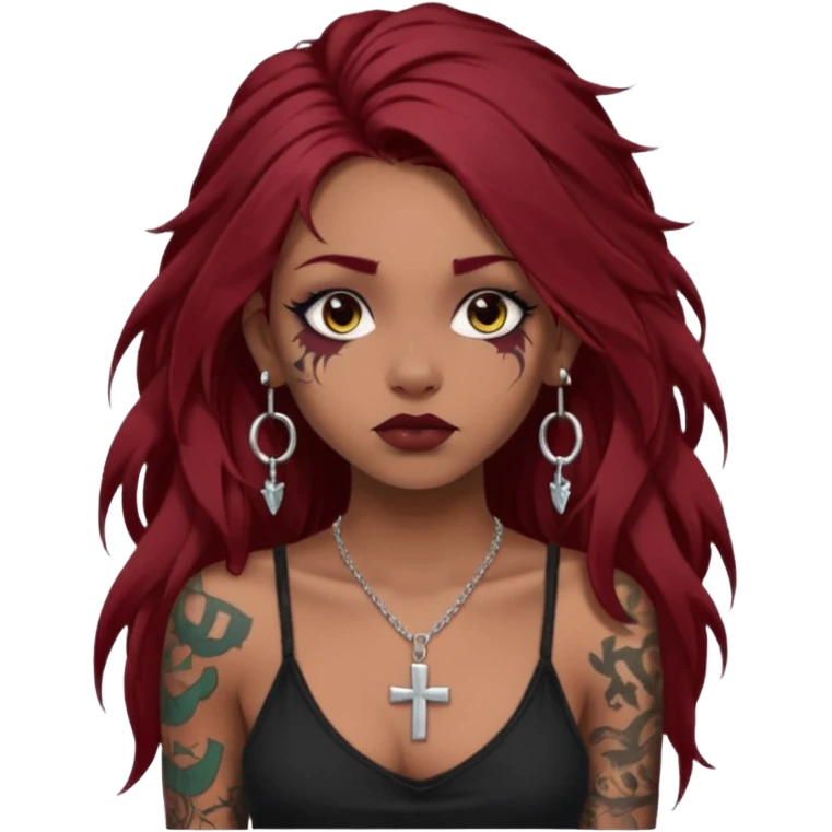 generate an ios genmoji of a dusky girl with long dark red messy hair with eyeliner on her eyes.  septum piercing, wearing a cami black top, has tattoos, on shoulders. ear piercings. wearing a cross silver necklace. carrying a big roll of fabric  emoji