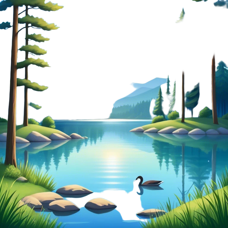 Cinematic Realistic Lake Emoji, Calm and reflective, with clear blue waters mirroring the surrounding landscape, framed by tall trees and grassy shores. The sunlight sparkles on the water’s surface while birds and animals play at the edge. Soft glowing outline, capturing the essence of peaceful serenity in a tranquil lake. emoji